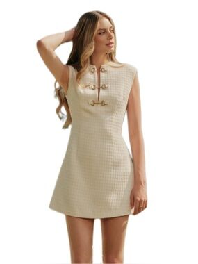 NWT Commense Cream Tweed Mini Dress w/ Gold Metal Hardware SOLD OUT Mod Size XS